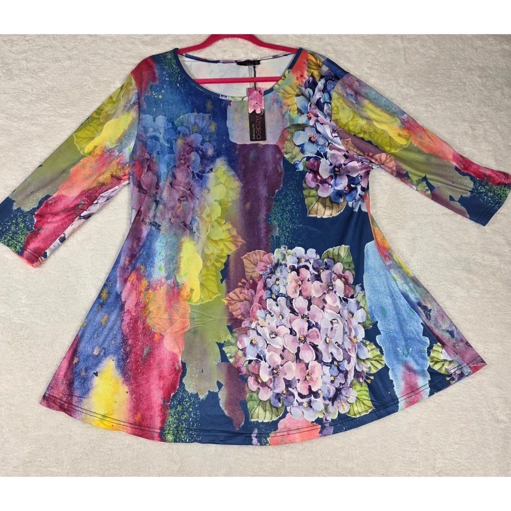 Azalea by Firmiana Floral Tunic Womens 1X Blue New Watercolor Hydrangea‎ Art Top